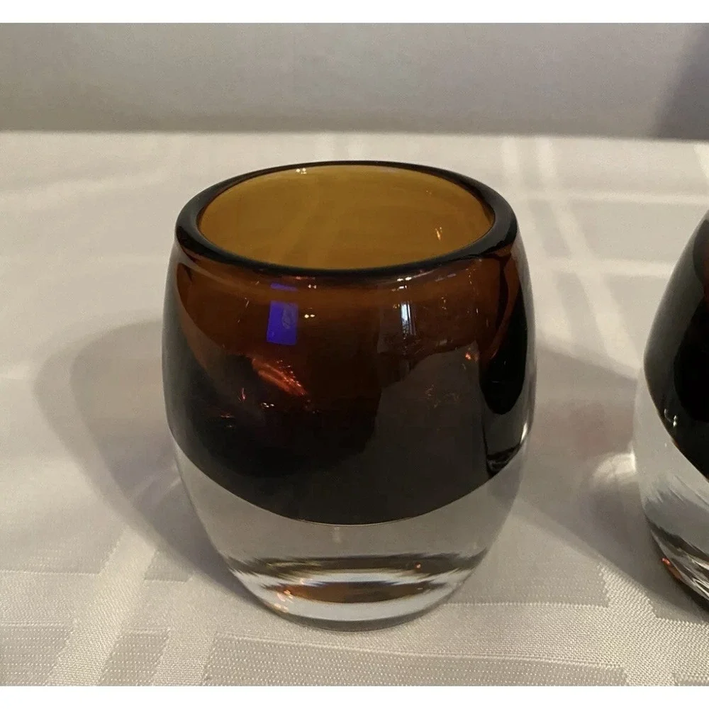 Crate and Barrel Amber Topaz Glass Diva Votive‎ Candle Holder-Poland Set 2